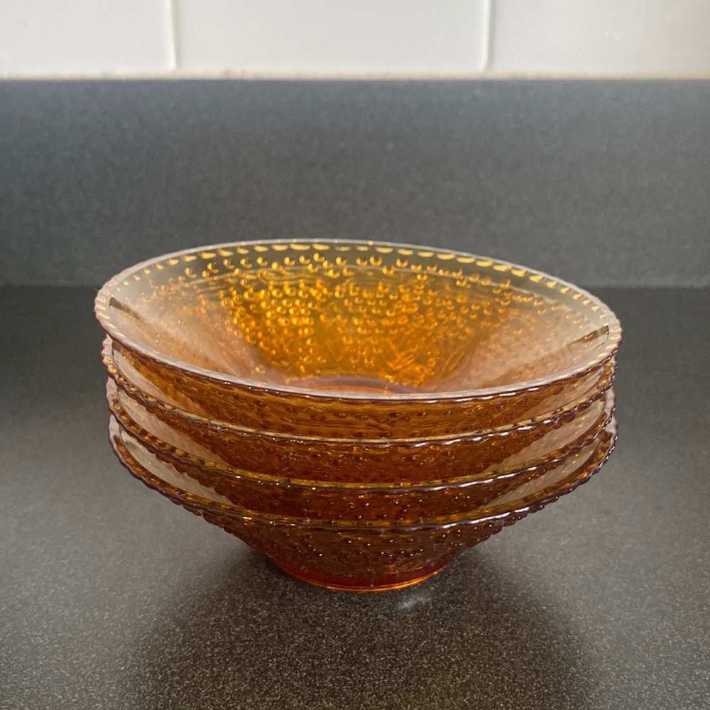 Set of four Vintage Amber Glass Ruffled Edge Pressed Glass Bowls